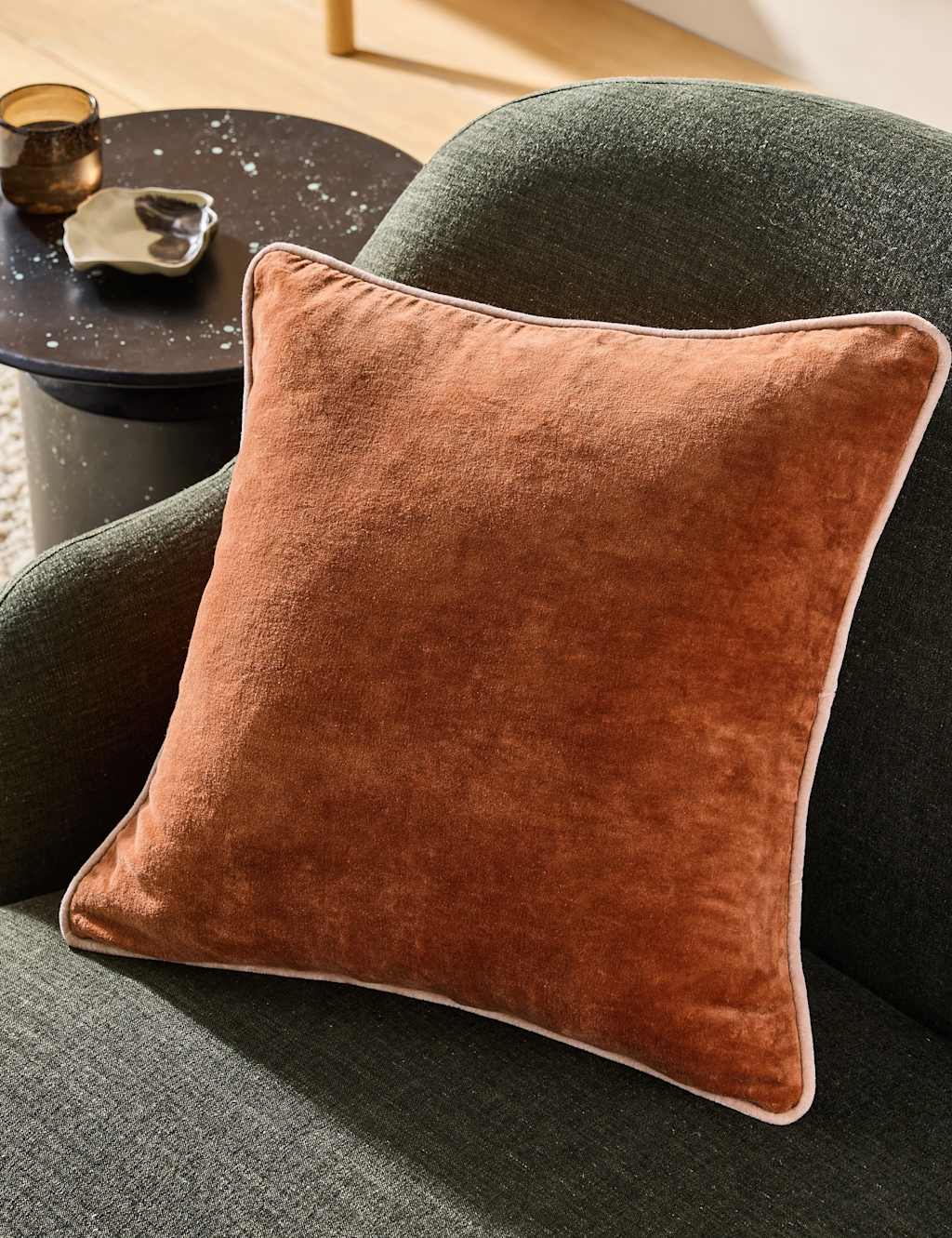 Made Bailey Brushed Cotton Velvet Piped Cushion - Natural Mix - Available at M&S