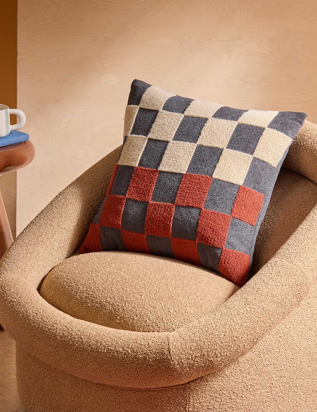 Made Bouclé Checkerboard Cushion - Cream Mix - Available at M&S