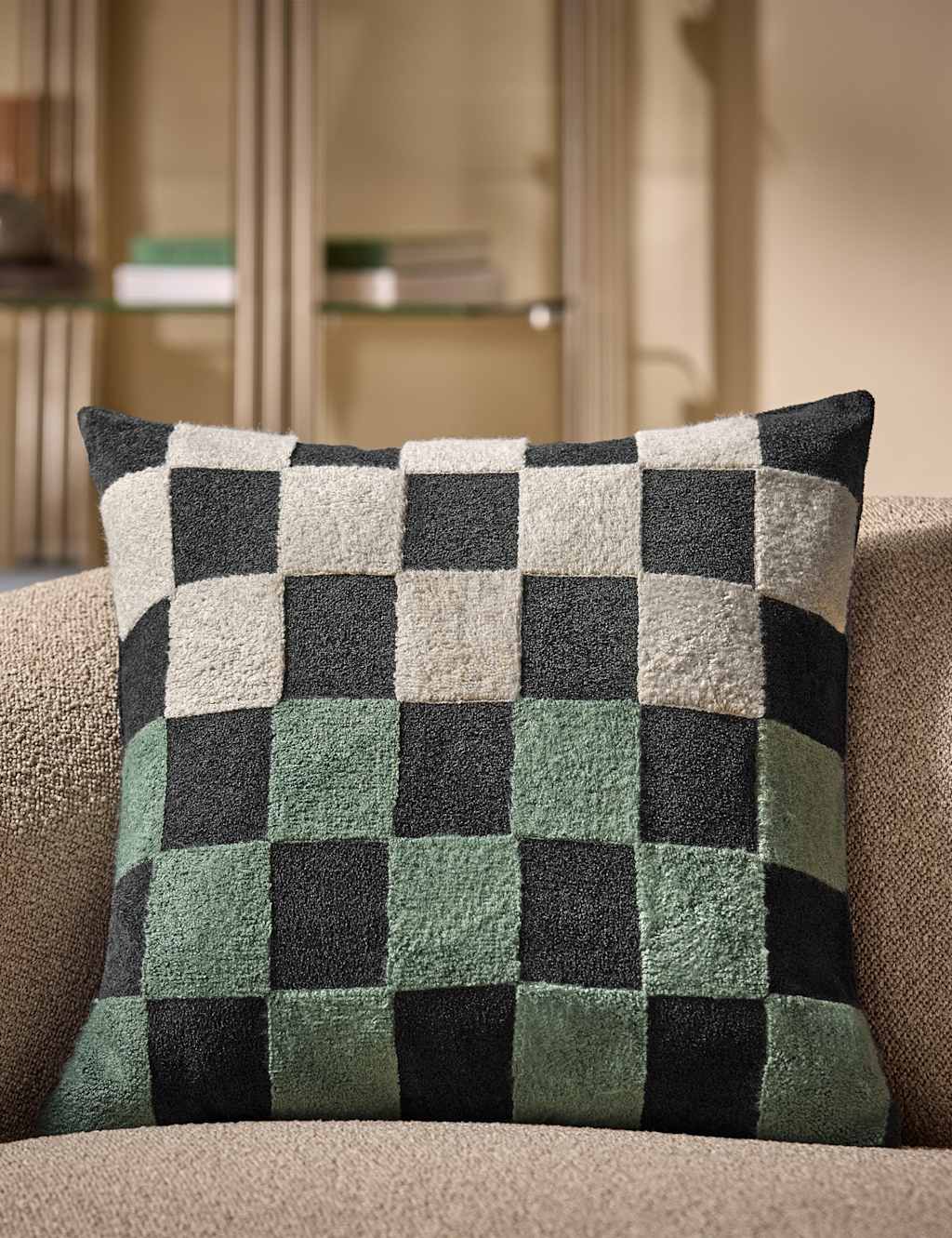 Made Bouclé Checkerboard Cushion - Black Mix - Available at M&S