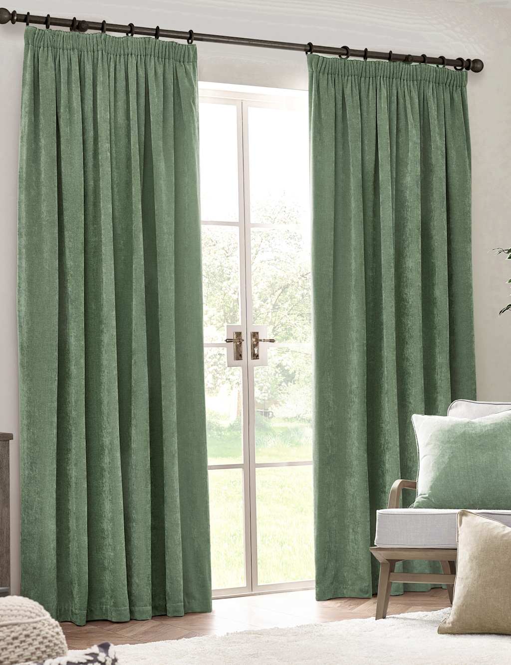 Yard Chenille Velvet Pencil Pleat Curtains - W117cm, Drop 137cm - Light Green - Available at M&S