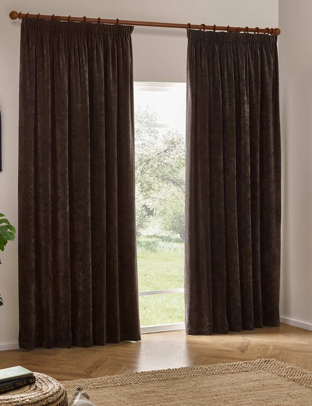 Yard Chenille Velvet Pencil Pleat Curtains - W117cm, Drop 183cm - Brown - Available at M&S