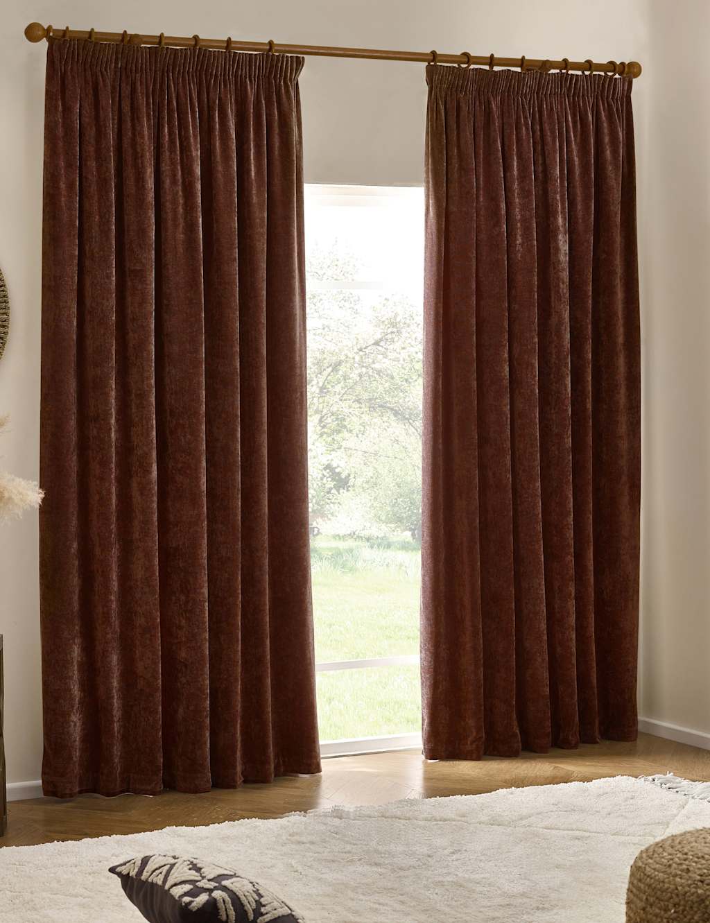 Yard Chenille Velvet Pencil Pleat Curtains - W168cm, Drop 137cm - Chocolate - Available at M&S