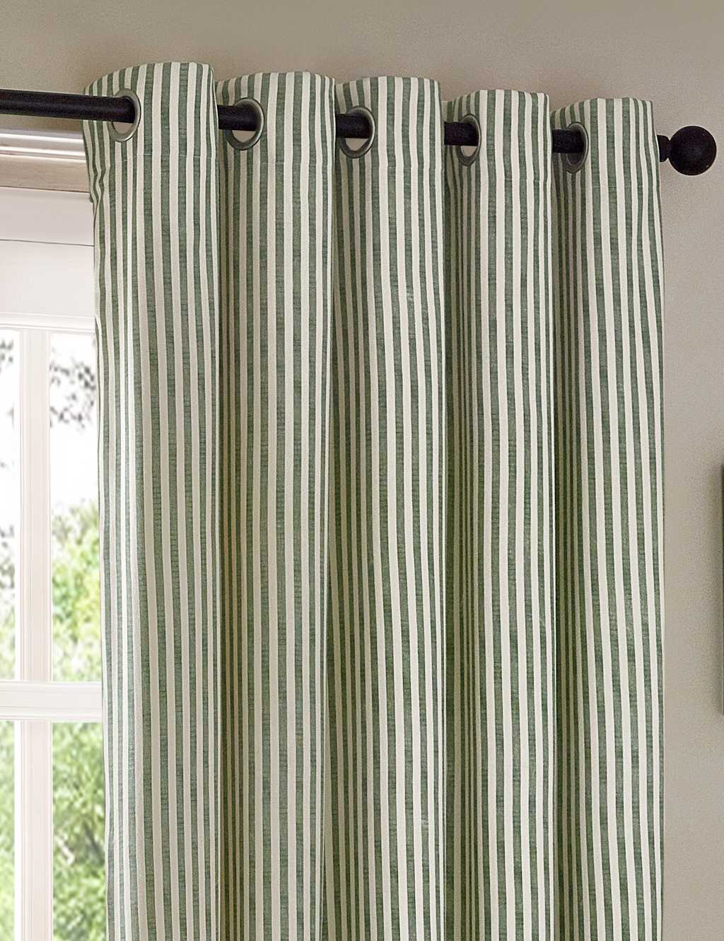 Yard Hebden Pure Cotton Striped Eyelet Curtains - W168cm, Drop 229cm - Dark Green Mix - Available at M&S