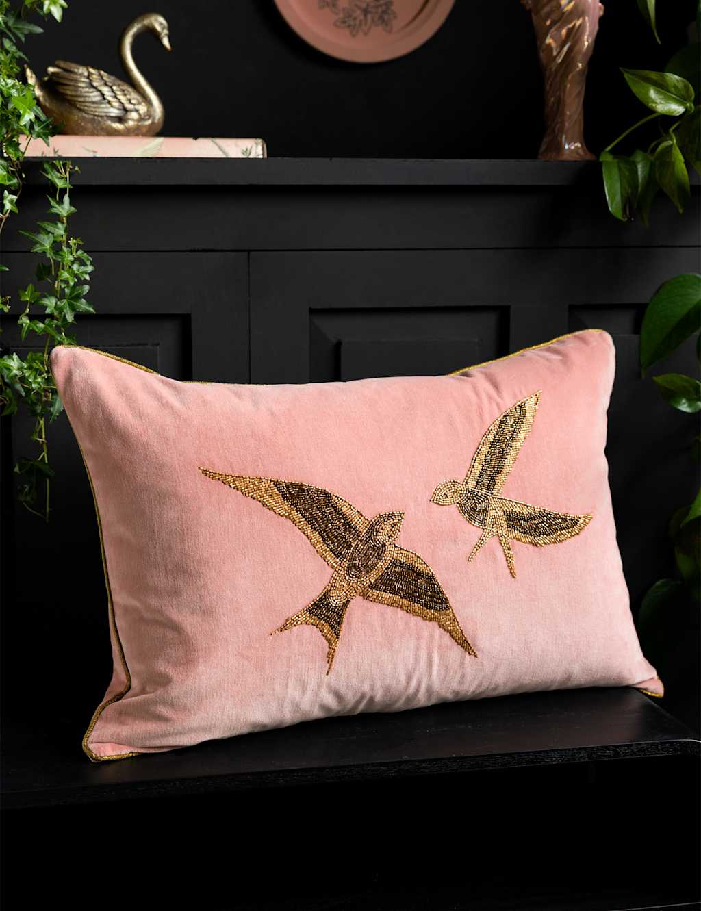 Rockett St George Beaded Love Birds Piped Cushion - Pink Mix - Available at M&S