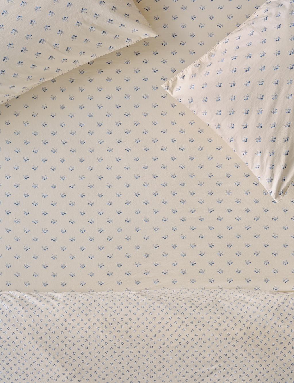 Piglet In Bed Washed Cotton Martha Floral Fitted Sheet - Super King Size (6 ft) - Light Blue Mix - Available at M&S