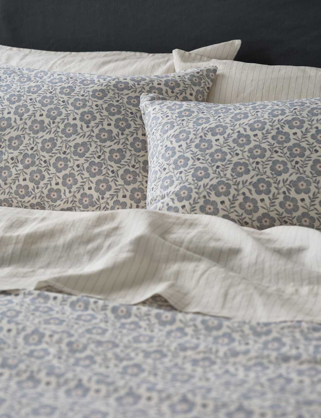 Piglet In Bed 2 Pack Linen Rich Folk Floral Pillowcases - Blue Mix - Available at M&S