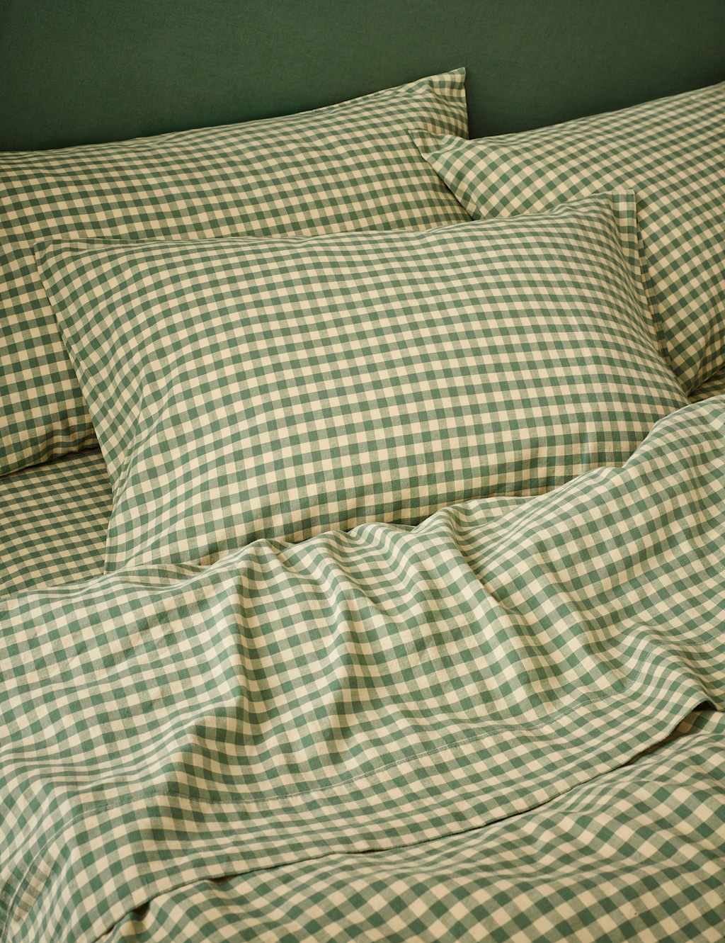 Piglet In Bed 2 Pack Linen Rich Gingham Pillowcases - Green Mix - Available at M&S