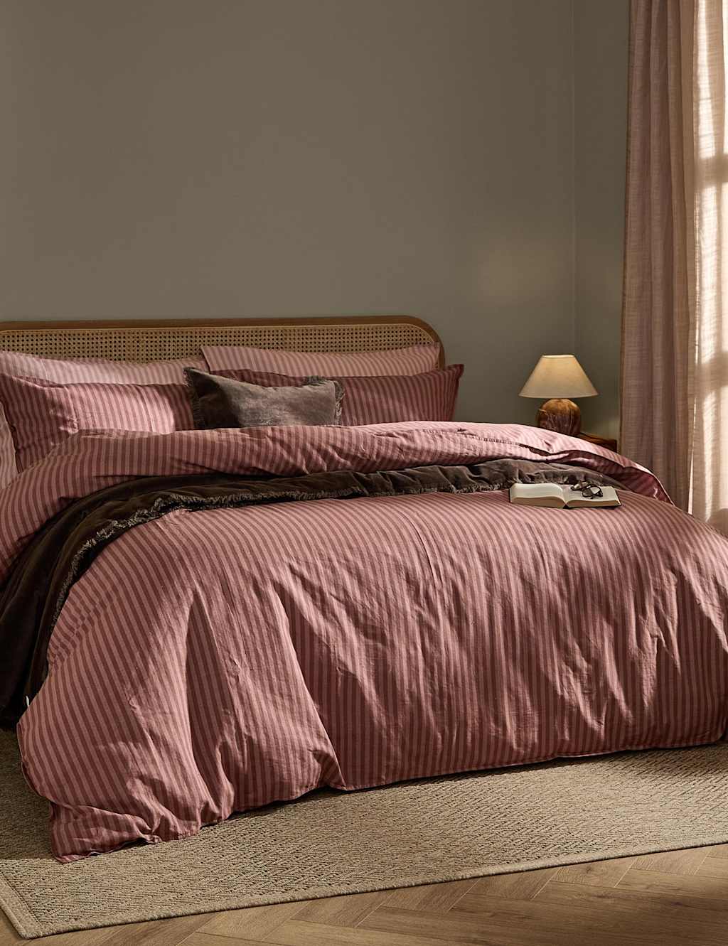 Yard Pure Cotton Marlow Stripe Duvet Cover - King Size (5 ft) - Burgundy Mix - Available at M&S