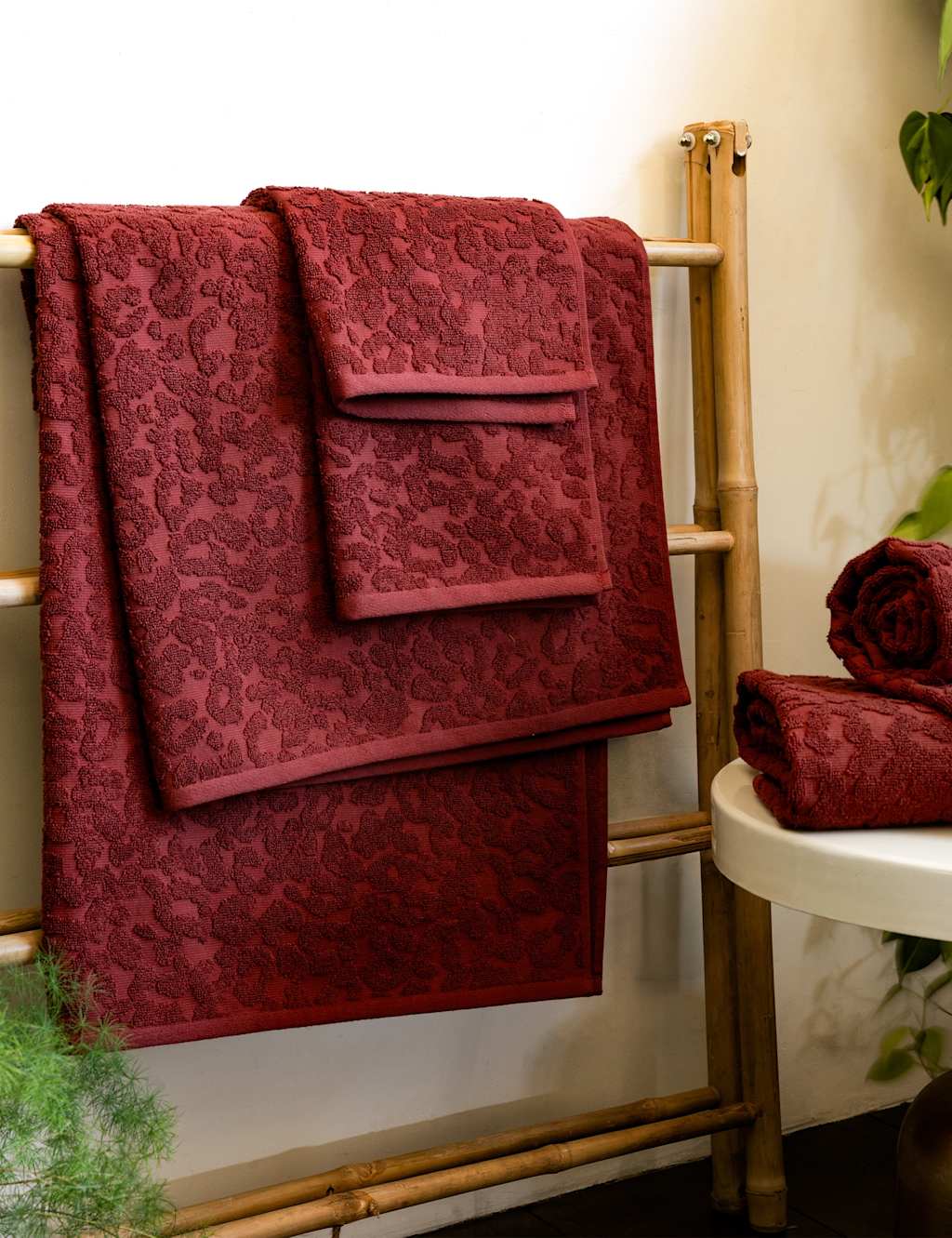 Rockett St George Pure Cotton Leopard Jacquard Towel - Extra Large Bath Sheet - Burgundy - Available at M&S