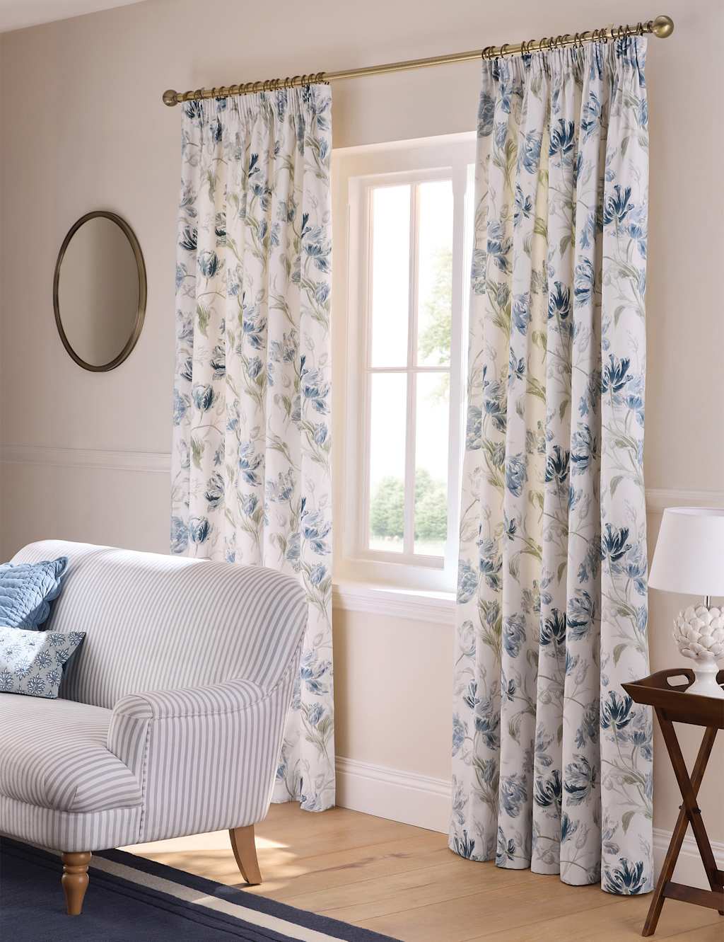 Laura Ashley Gosford Pure Cotton Floral Curtains - W168cm, Drop 229cm - Blue Mix - Available at M&S