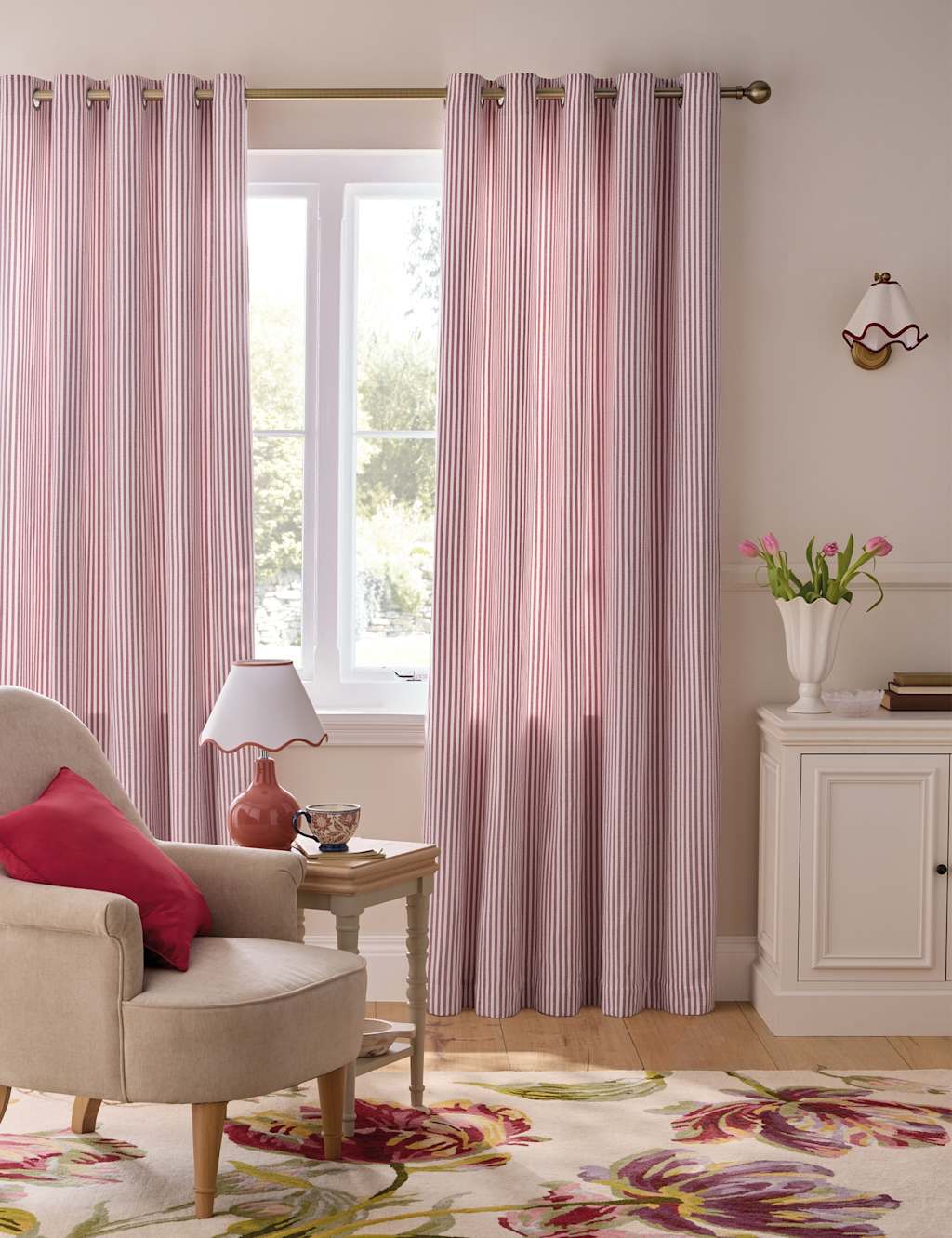 Laura Ashley Cornish Chenille Striped Eyelet Curtains - W117cm, Drop 229cm - Red Mix - Available at M&S