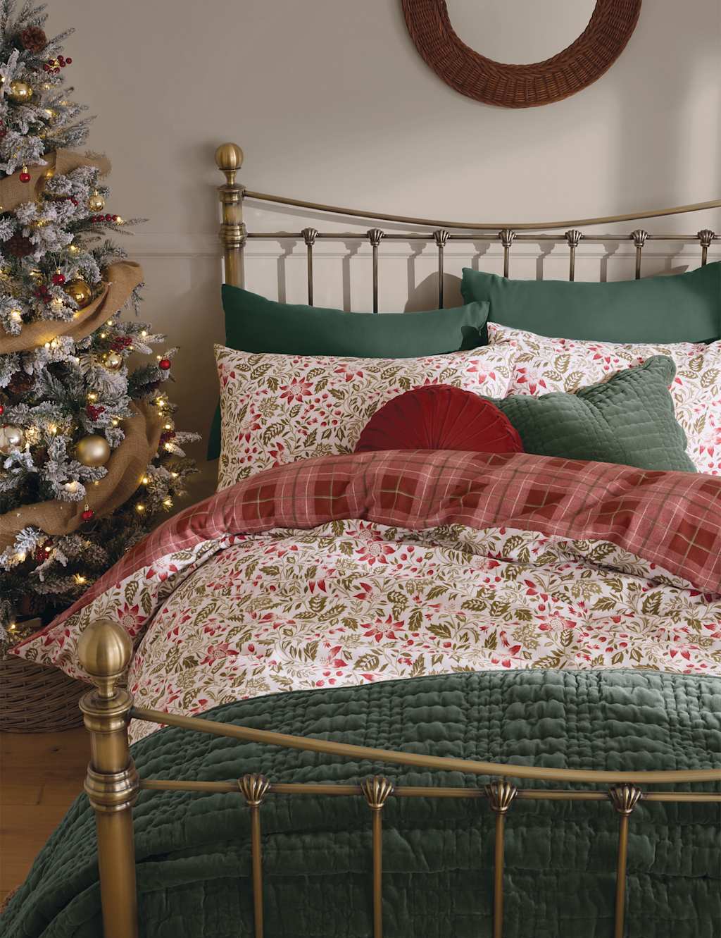 Laura Ashley Pure Cotton Astley Floral Christmas Bedding Set - Double (4 ft 6) - Red Mix - Available at M&S