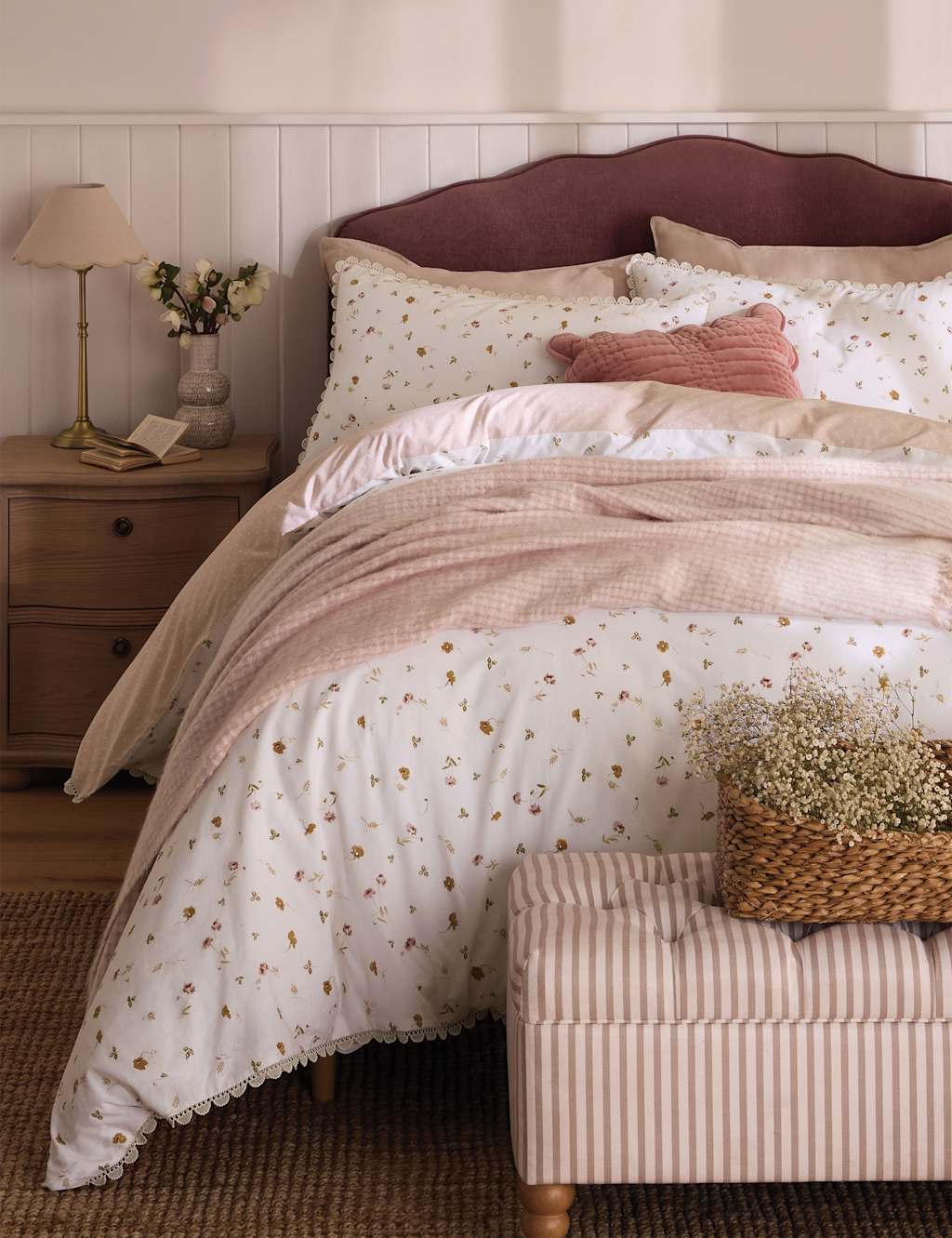 Laura Ashley Pure Cotton Neve Floral Bedding Set - Double (4 ft 6) - Light Pink Mix - Available at M&S