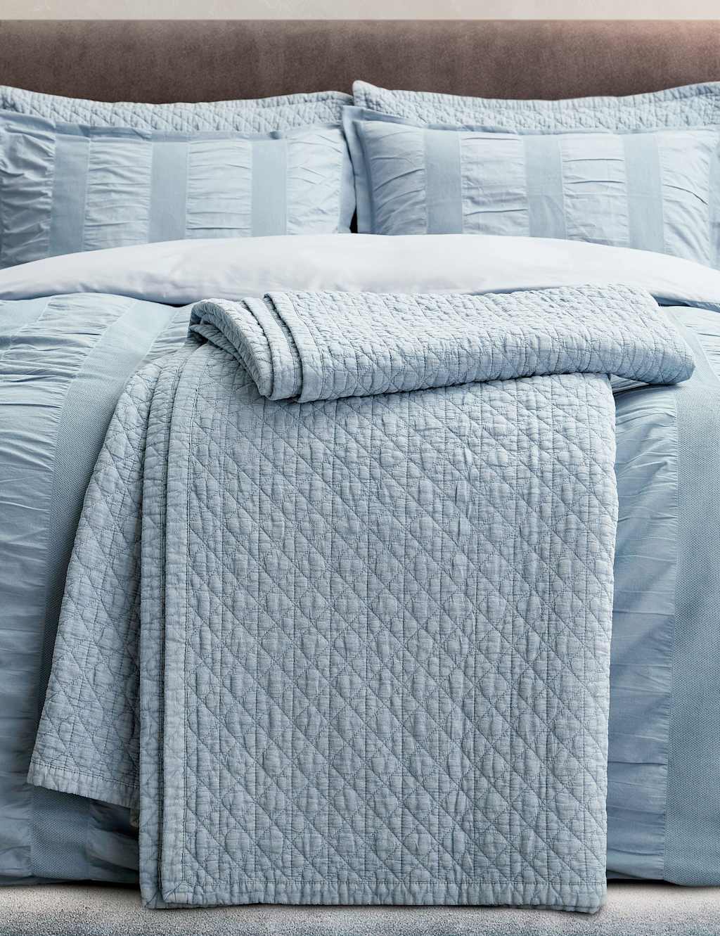 Bedeck Of Belfast Pure Cotton Stonewashed Quilted Throw - Large - Blue - Available at M&S