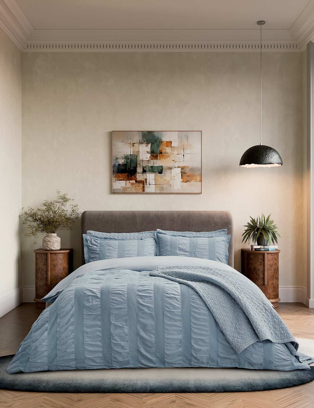 Bedeck Of Belfast Pure Cotton Waffle Stripe Bedding Set - Double (4 ft 6) - Blue - Available at M&S
