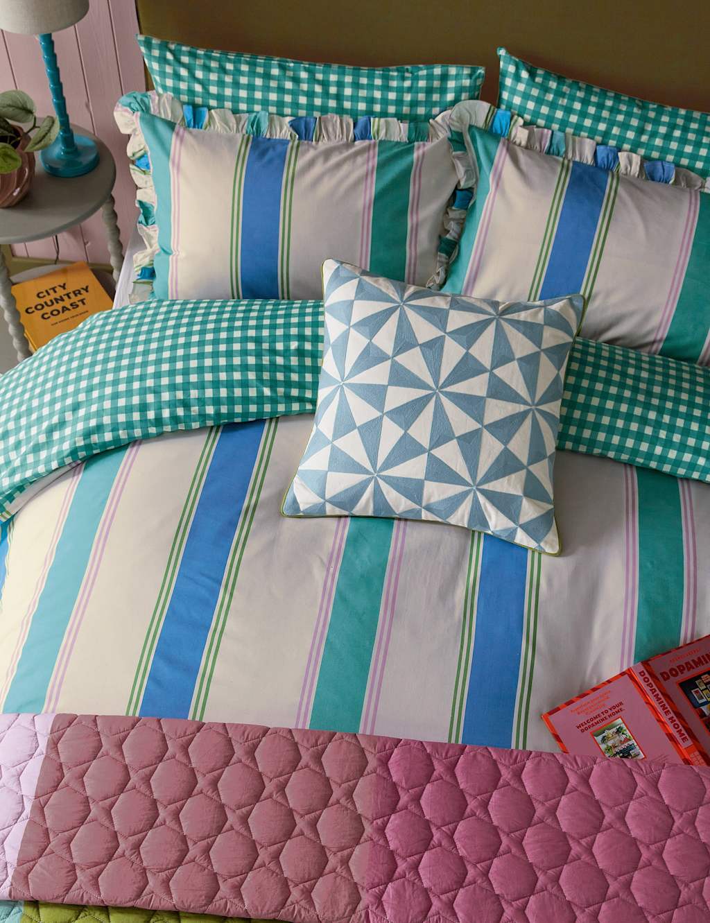 Land & Shore 2 Pack Pure Cotton Winnie Check Pillowcases - Teal Mix - Available at M&S