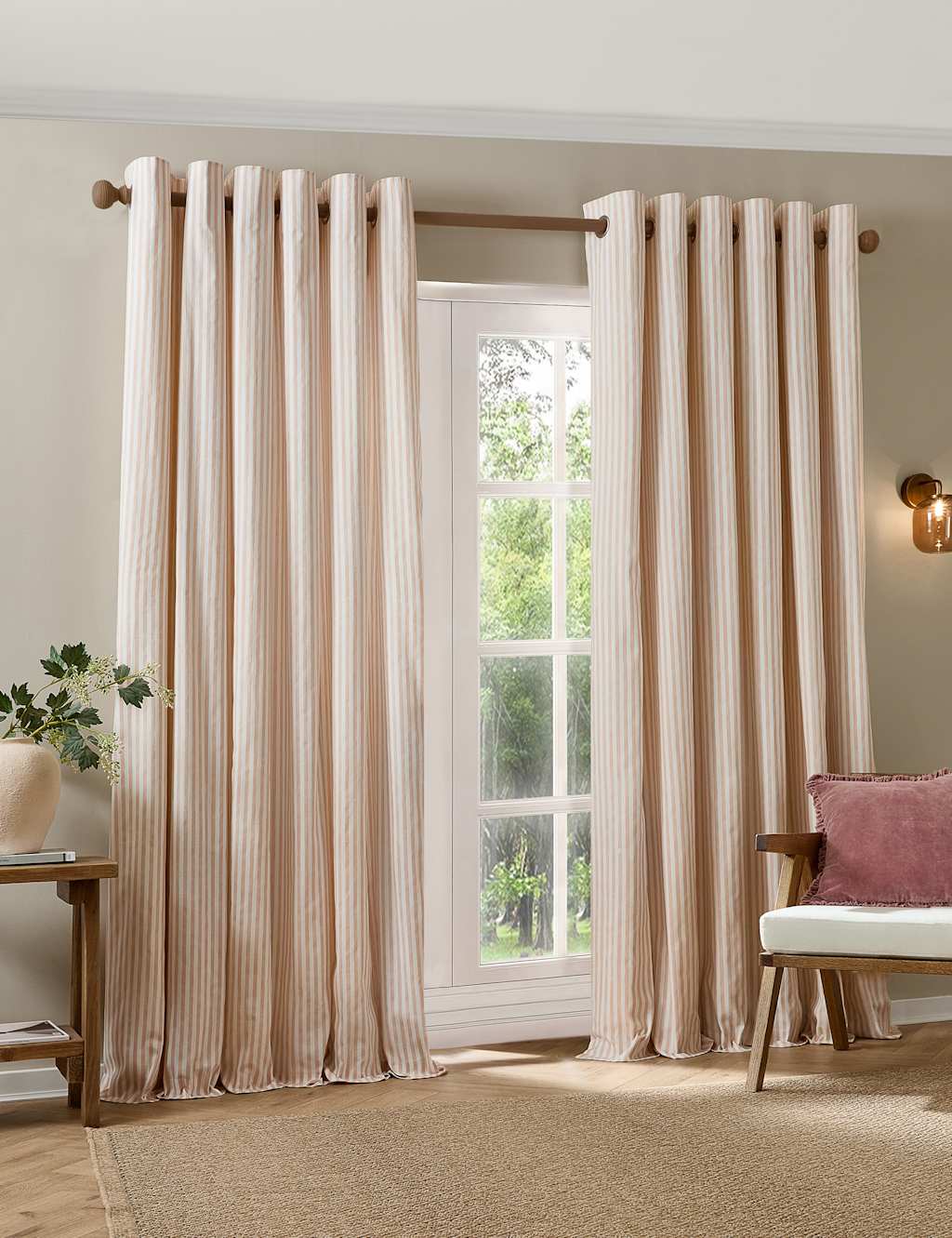 Yard Hebden Pure Cotton Striped Eyelet Curtains - W117cm, Drop 137cm - Pink Mix - Available at M&S