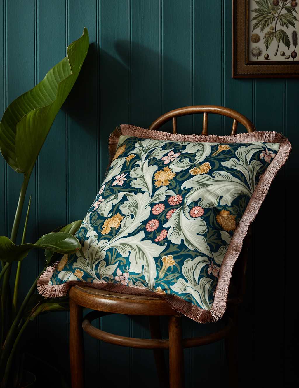 William Morris At Home Velvet Leicester Fringed Cushion Forest Green