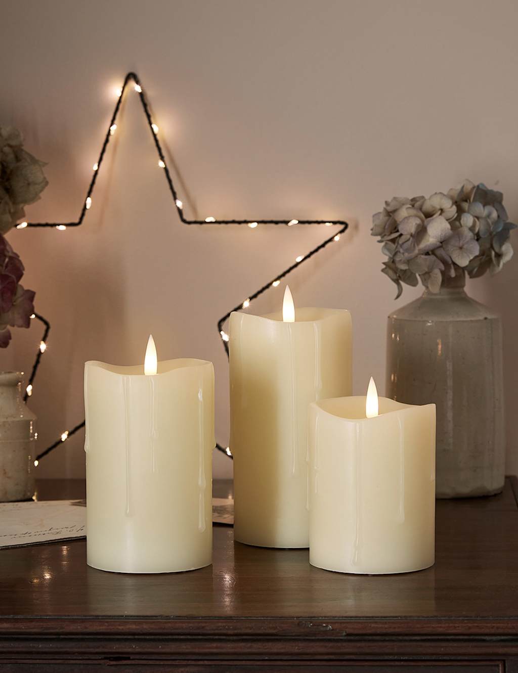 Lights4fun Set of 3 TruGlow Dripping Wax Pillar Candles Ivory