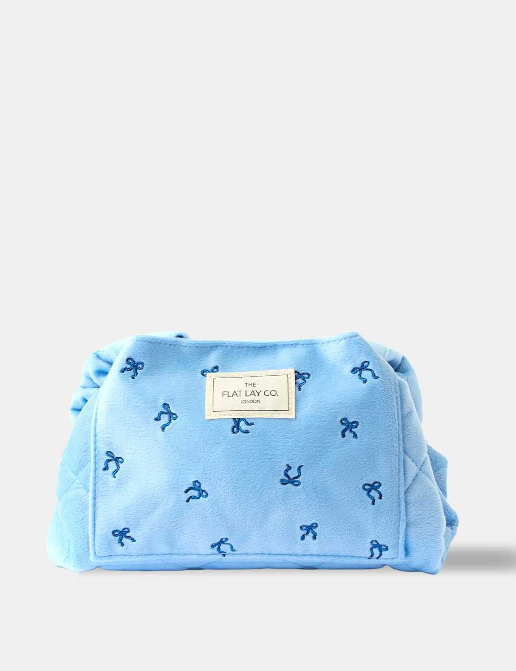 Flat Lay Co Drawstring Flat Lay Makeup Bag - Ditsy Bows Blue Embroidered Velvet Blue
