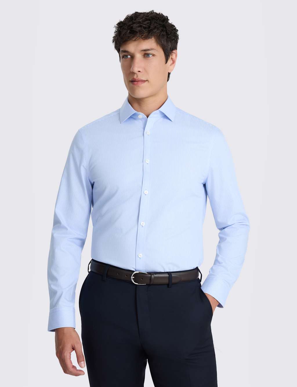 Moss Men's Slim Fit Non Iron Pure Cotton Striped Shirt - 14 - Light Blue - Available at M&S