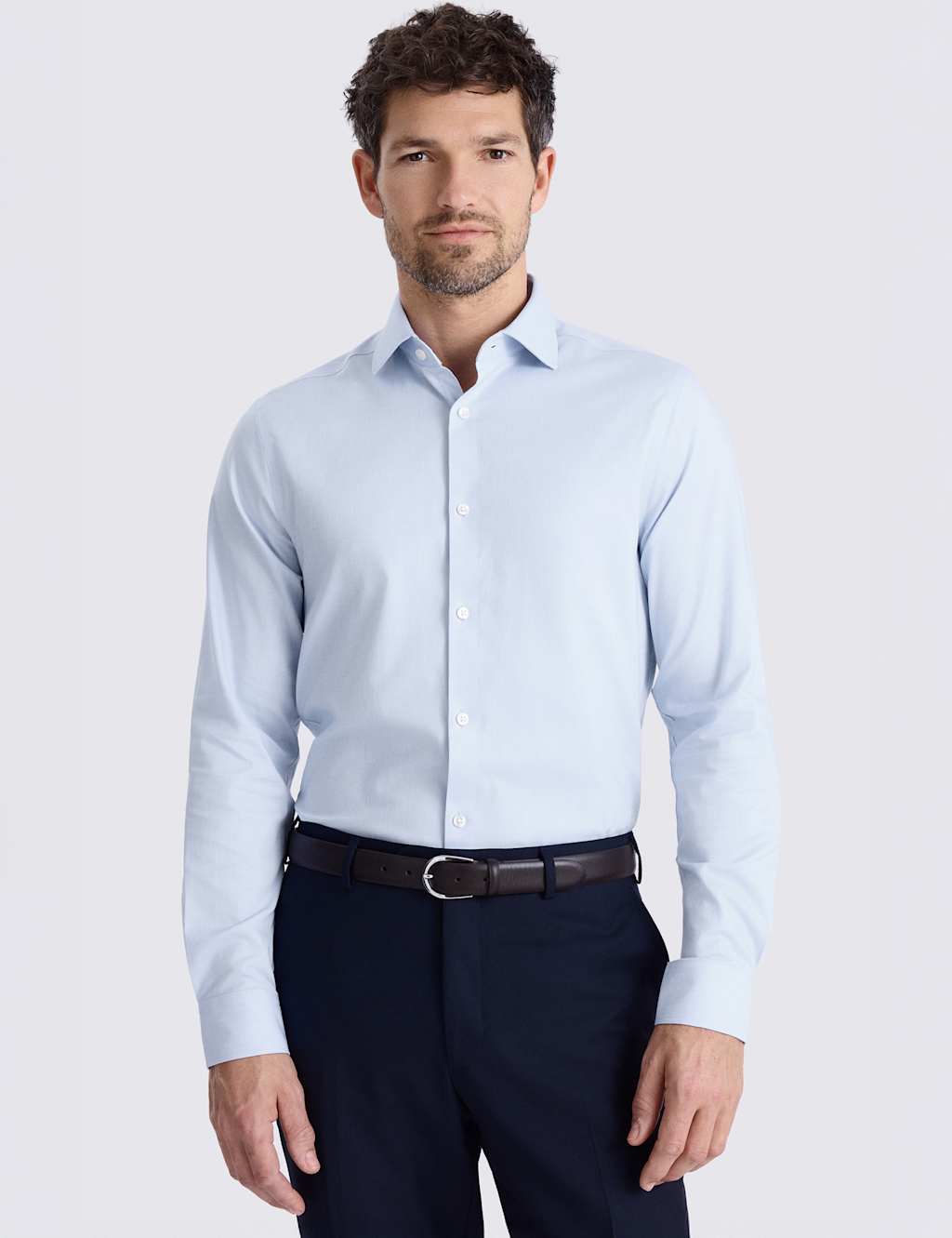 Moss Men's Slim Fit Cotton Rich Dobby Stretch Shirt - 16 - Light Blue - Available at M&S