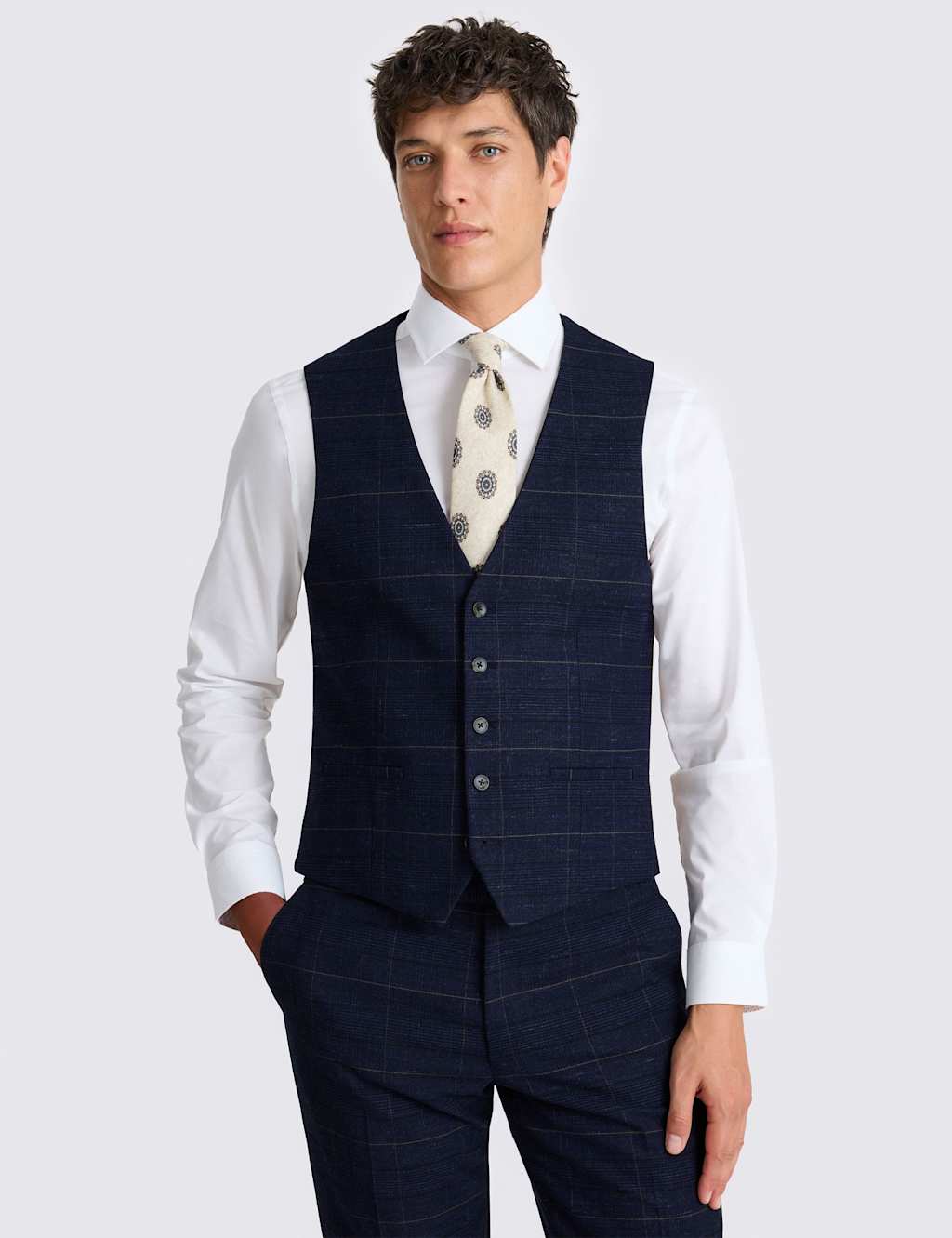 Moss Men's Slim Fit Check Stretch Waistcoat - 42 - Navy Mix - Available at M&S