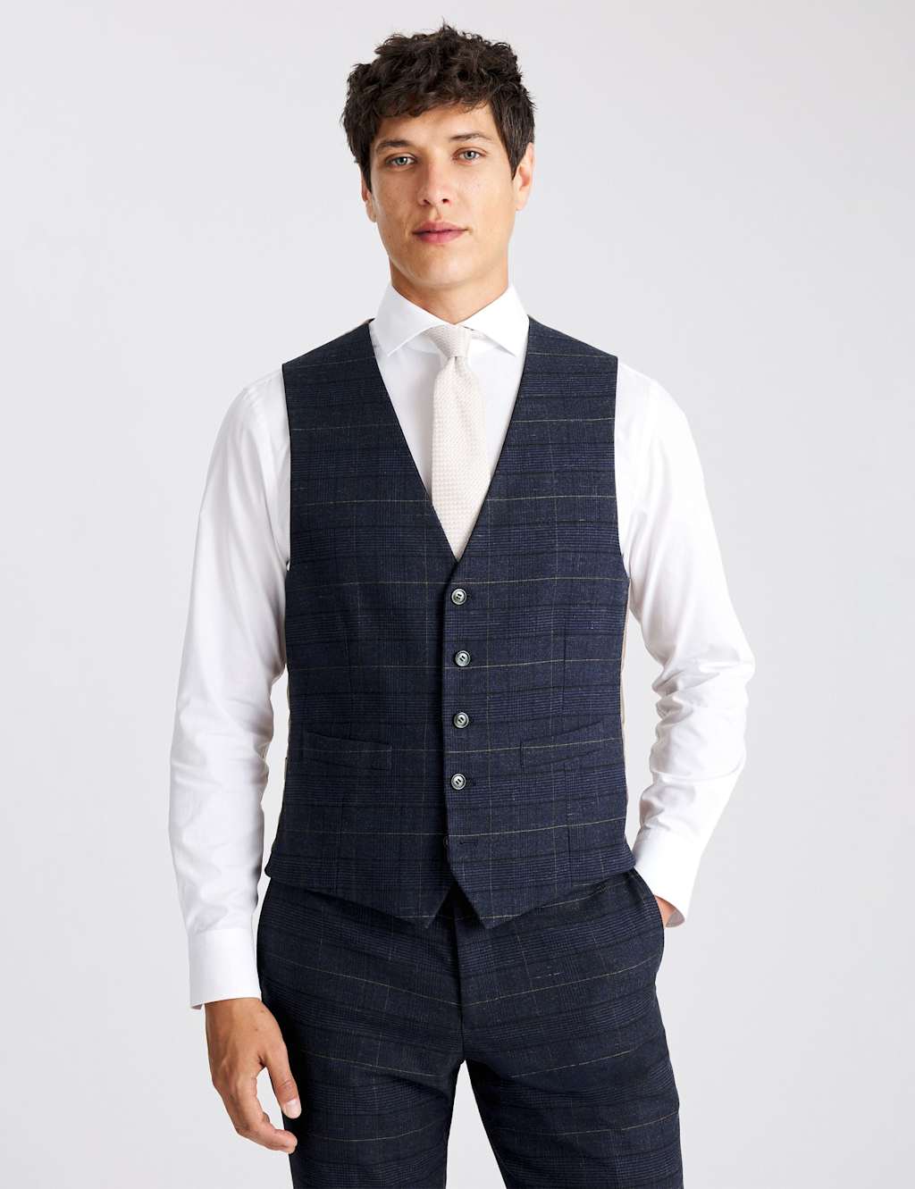 Moss Men's Tailored Fit Check Waistcoat - 46 - Navy Mix - Available at M&S