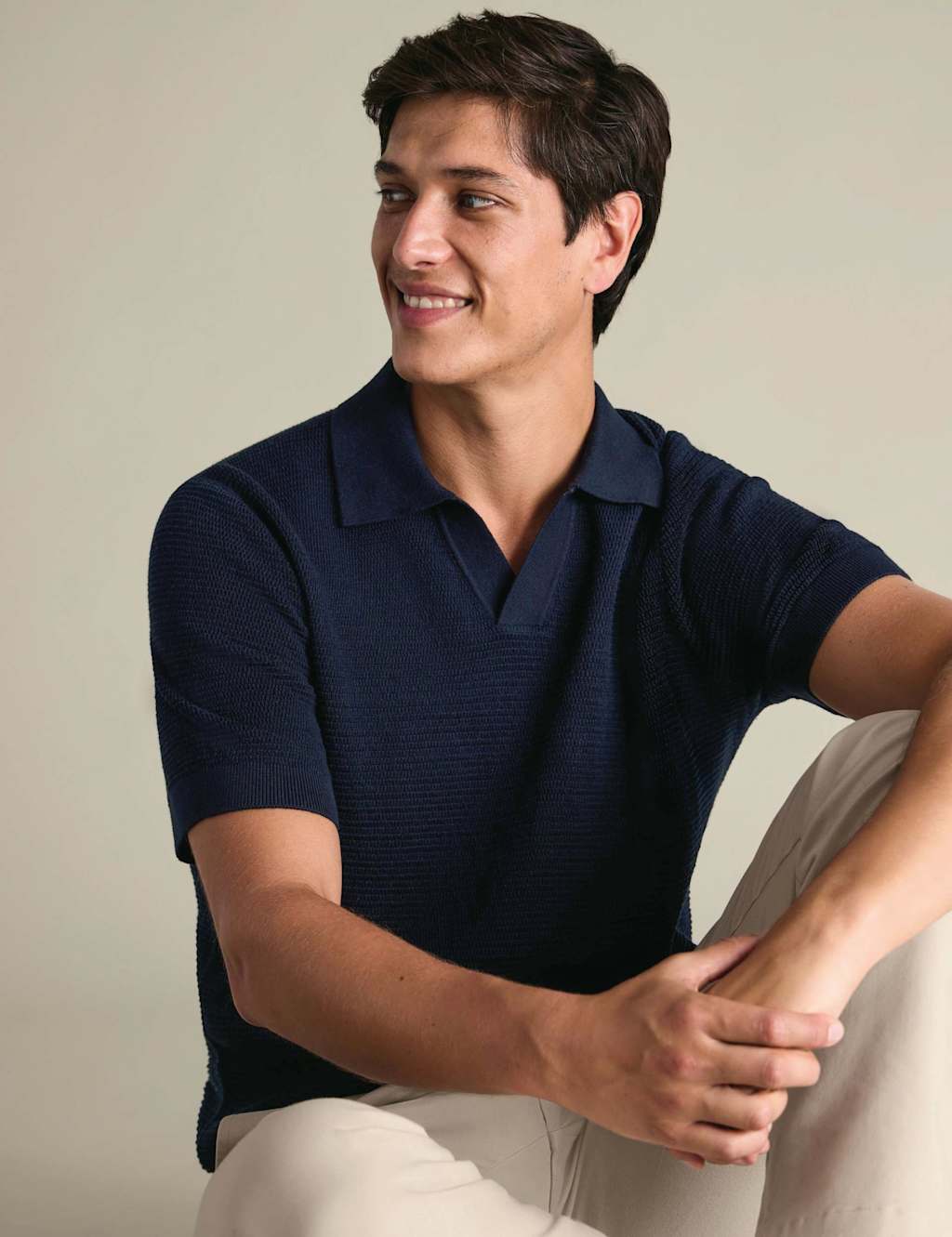 Charles Tyrwhitt Men's Pure Cotton Textured Knitted Polo Shirt - XL - Navy - Available at M&S