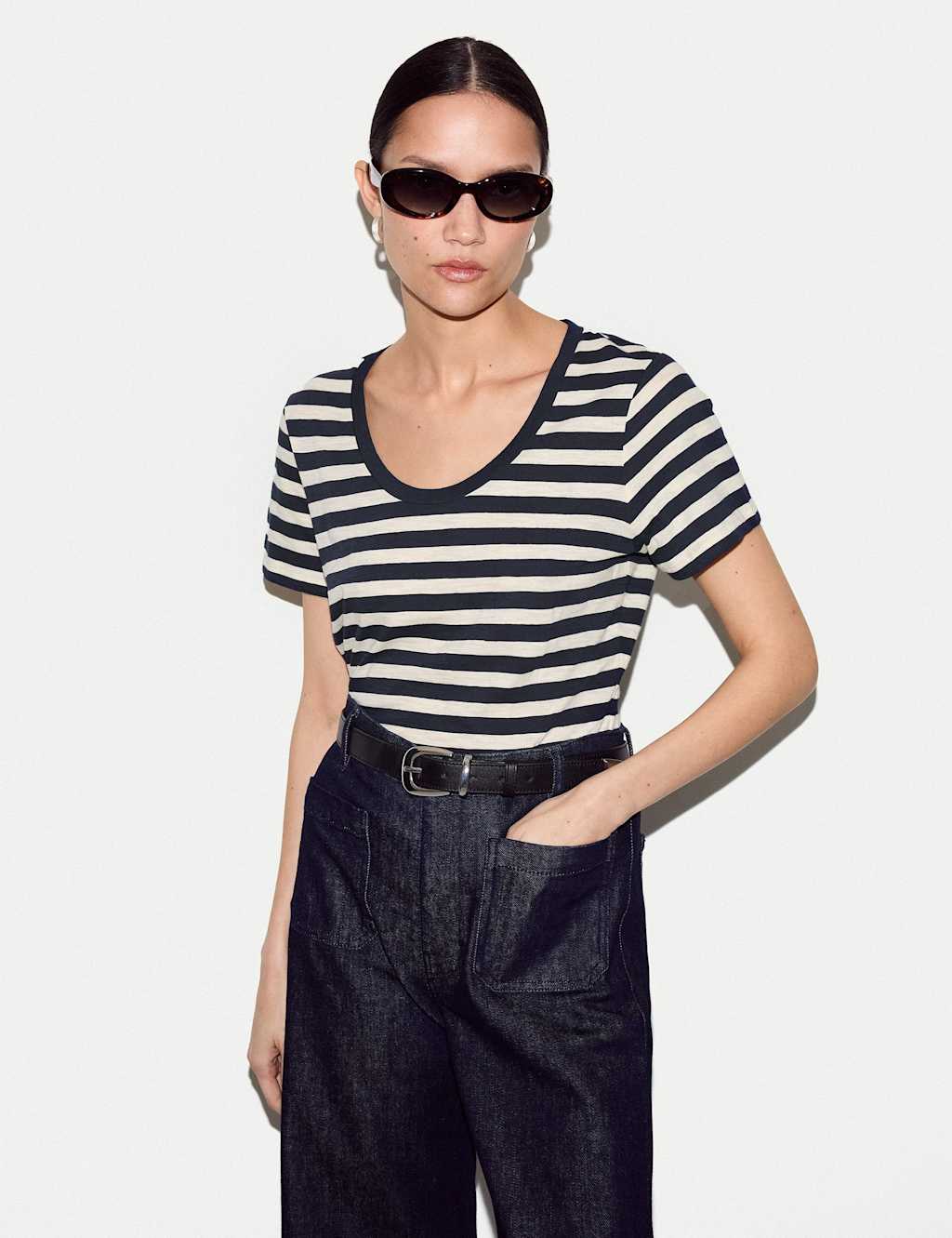 Jigsaw Women's Pure Cotton Striped T-Shirt - Medium - Navy Mix - Available at M&S