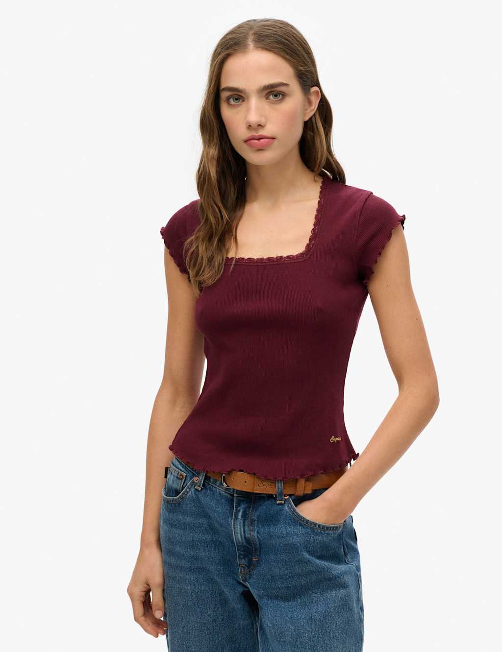 Superdry & Co Women's Pure Cotton Ribbed Square Neck T-Shirt - 14 - Red - Available at M&S