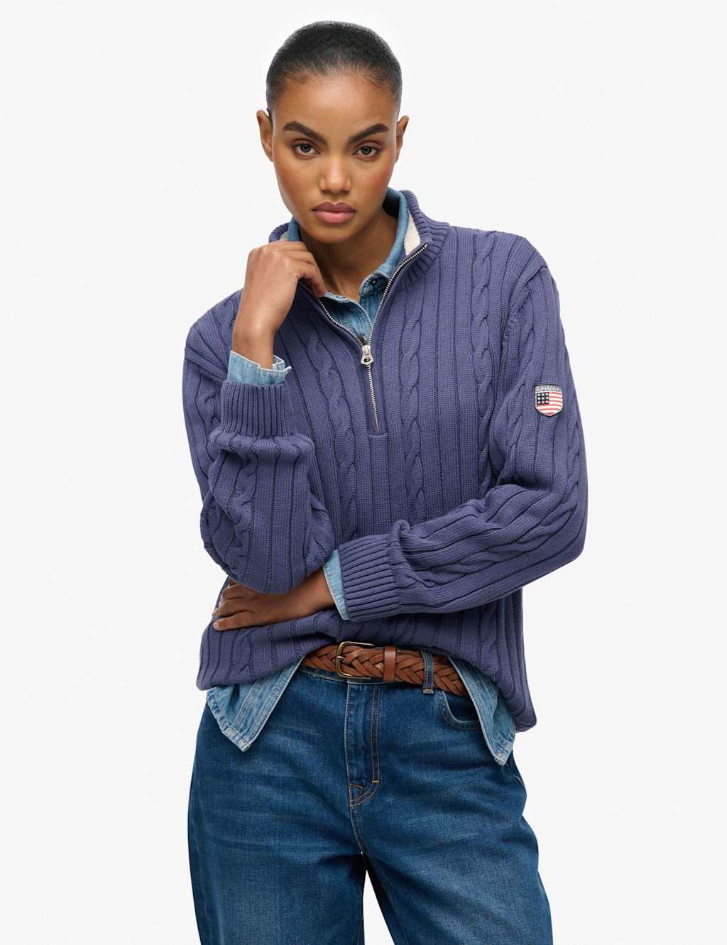 Superdry & Co Women's Pure Cotton Cable Knit Half Zip Jumper - 16 - Blue - Available at M&S