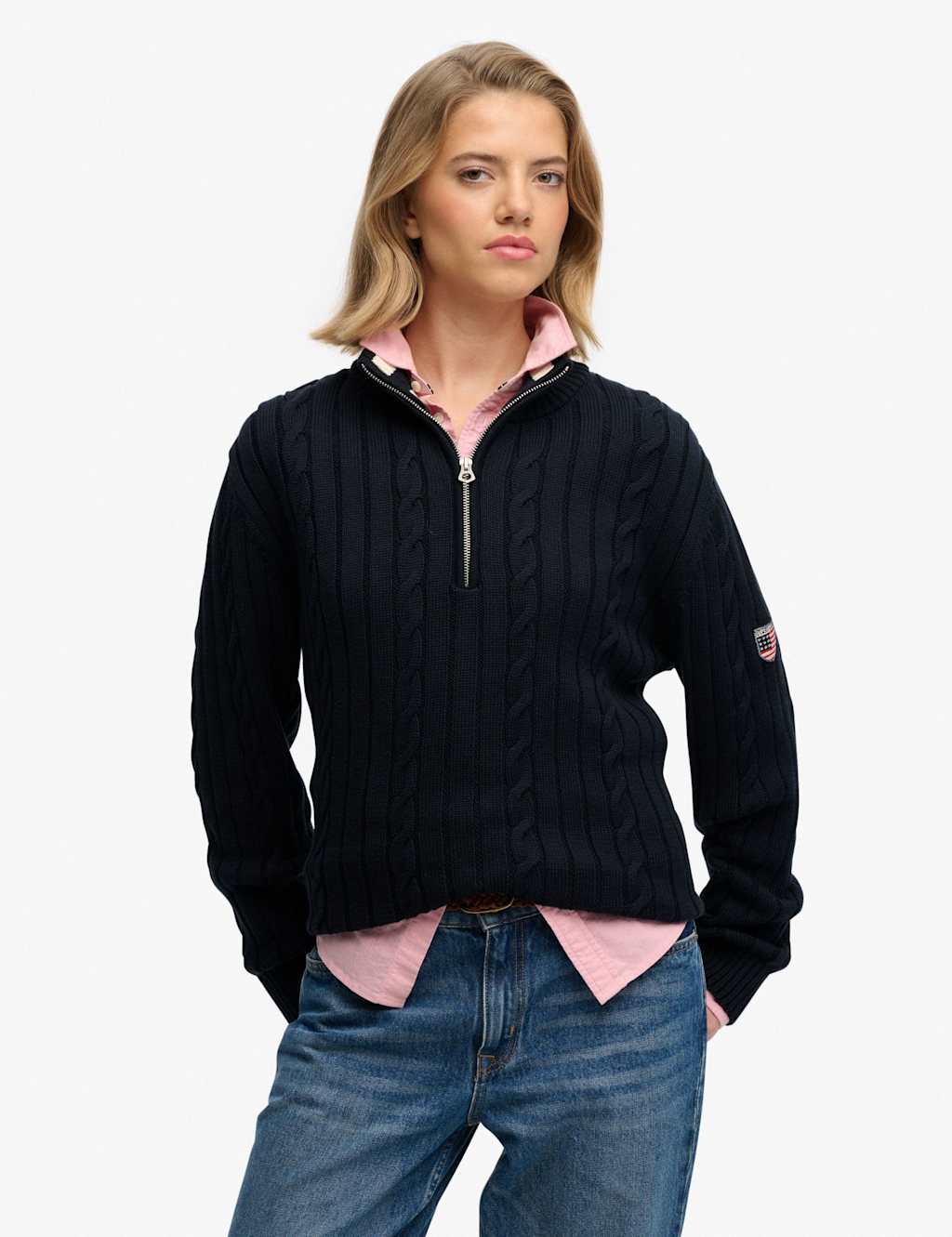 Superdry & Co Women's Pure Cotton Cable Knit Half Zip Jumper - 16 - Navy - Available at M&S