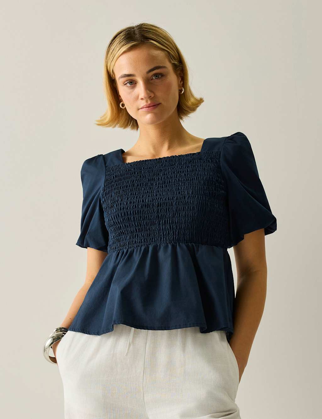 Regatta Women's Diani Pure Cotton Shirred Peplum Top - 18 - Navy - Available at M&S