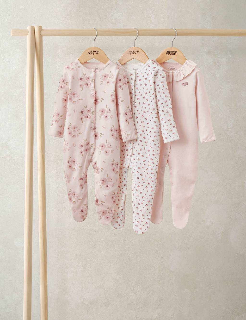 Mamas & Papas Girls 3 Pack Pure Cotton Floral Sleepsuits (0-24 Months) - 9-12 Months - Pink - Available at M&S