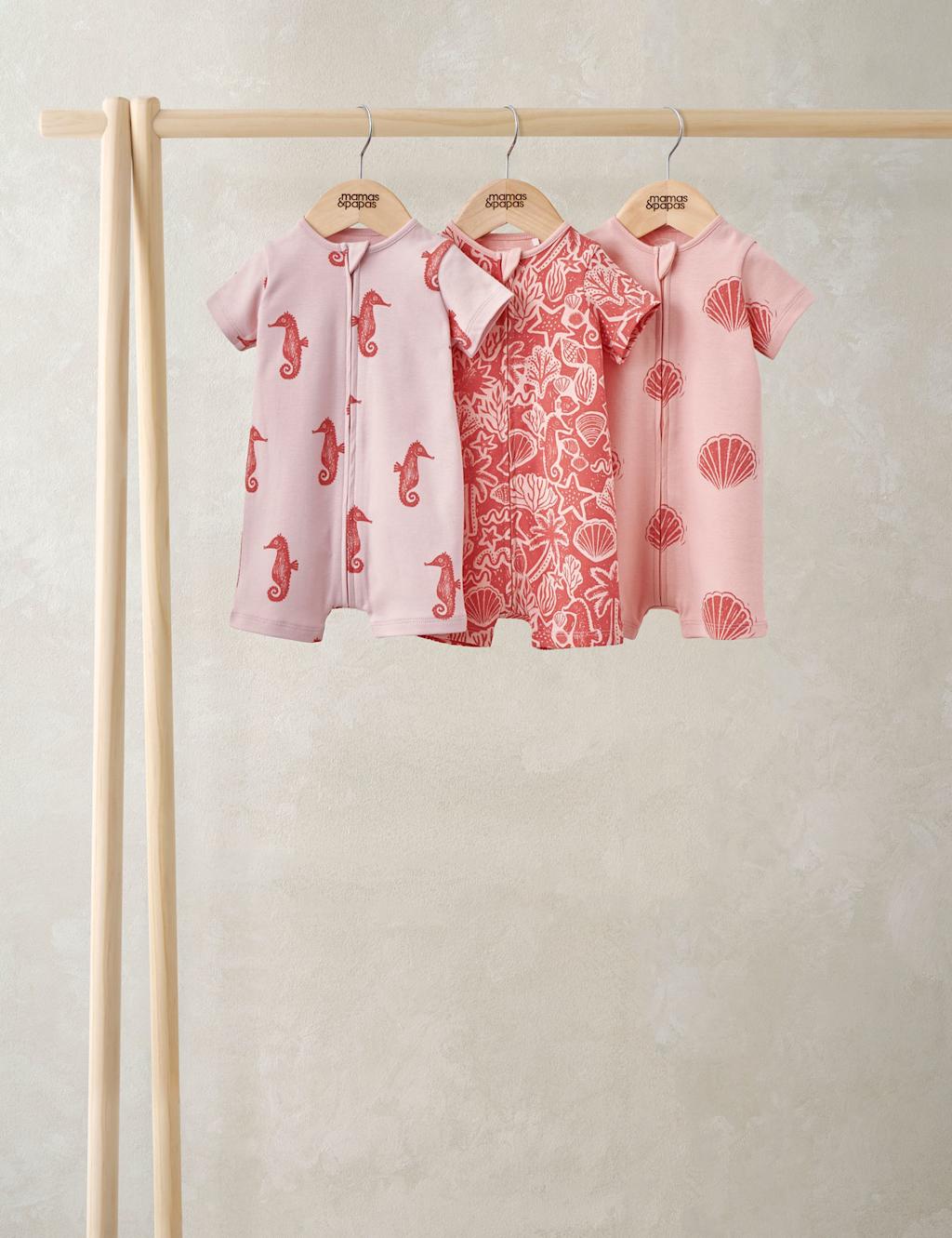 Mamas & Papas Girls 3 Pack Pure Cotton Seahorse Zip Rompers (0-18 Months) - 0-3 Months - Pink - Available at M&S