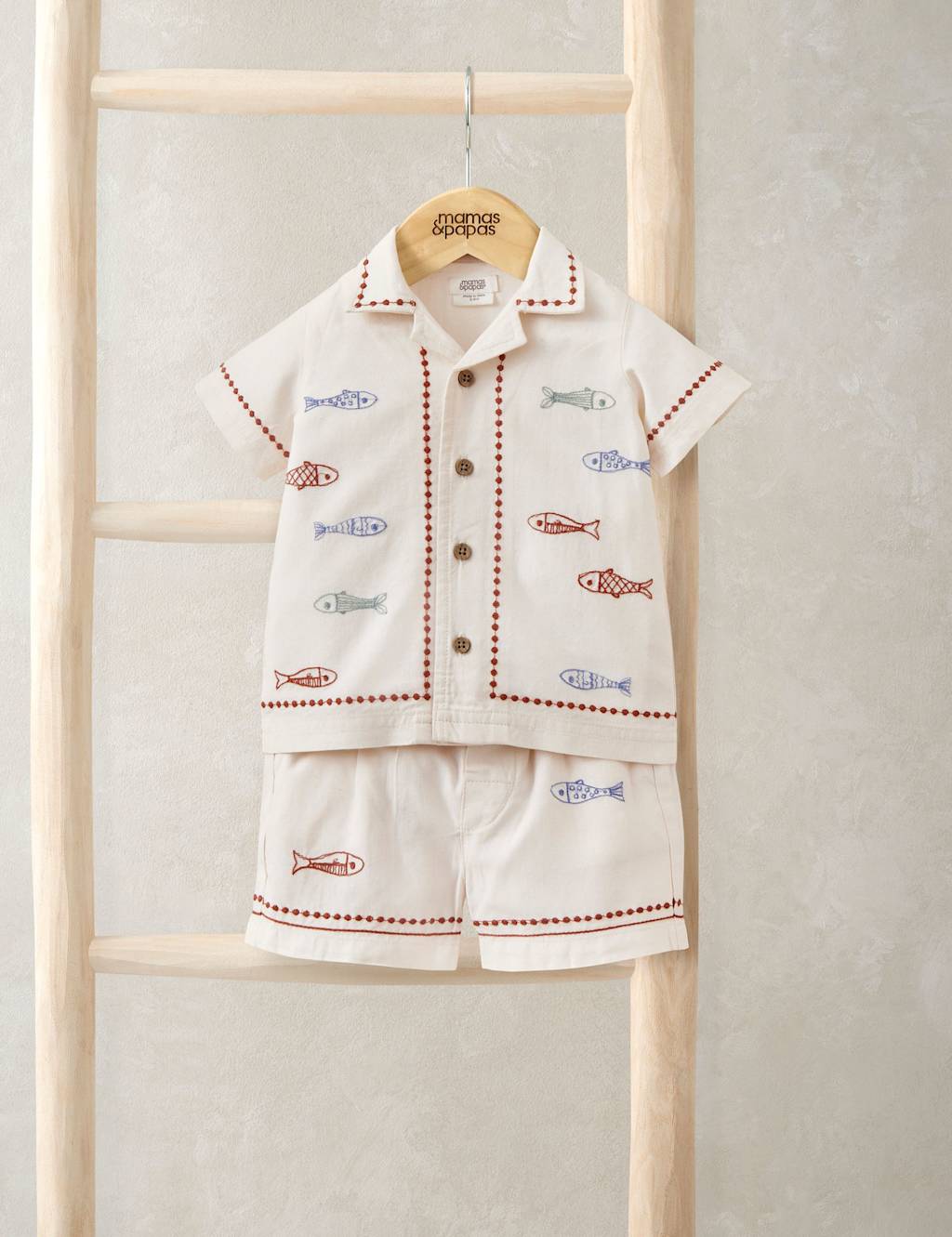 Mamas & Papas Boys 2 Piece Fish Embroidery Top & Bottom Set (0-3 Years) - 0-3 Months - Cream - Available at M&S