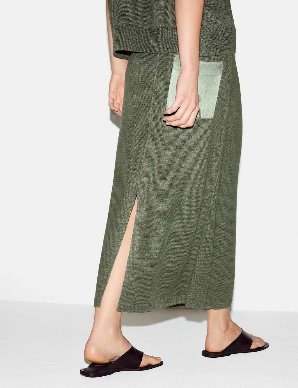 Jigsaw Pure Linen Pocket Detail Midi Pencil Skirt Green