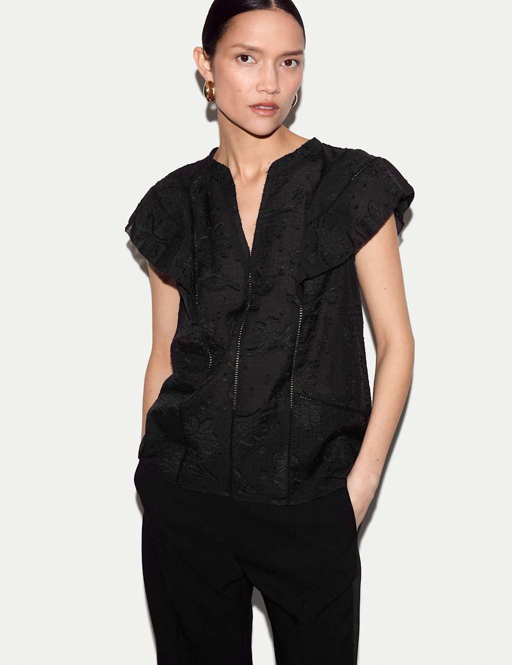 Jigsaw Women's Cotton Blend Embroidered Floral Jacquard Top - 14 - Black Mix - Available at M&S