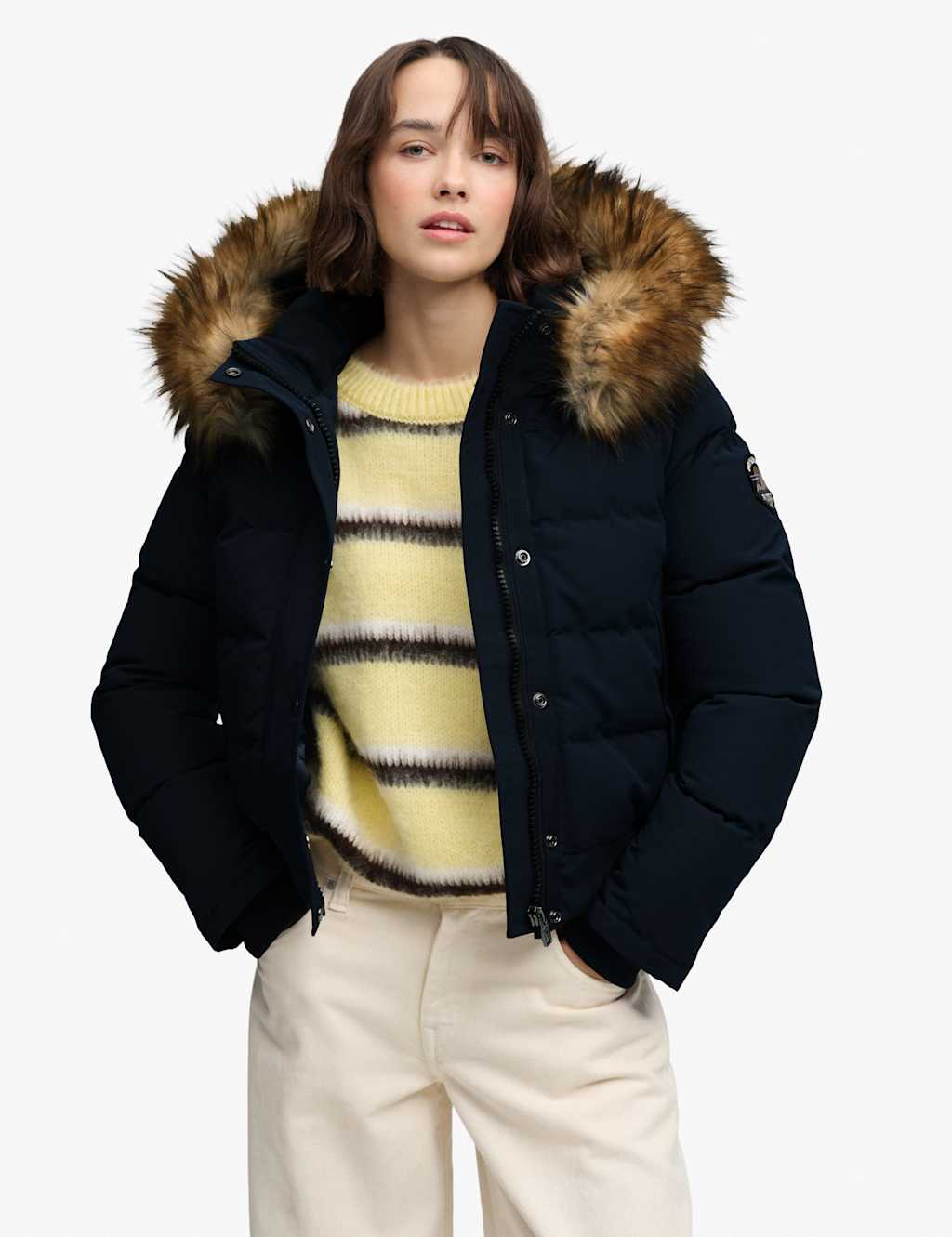 Superdry & Co Women's Hooded Faux Fur Trim High Neck Bomber Jacket - 8 - Navy - Available at M&S