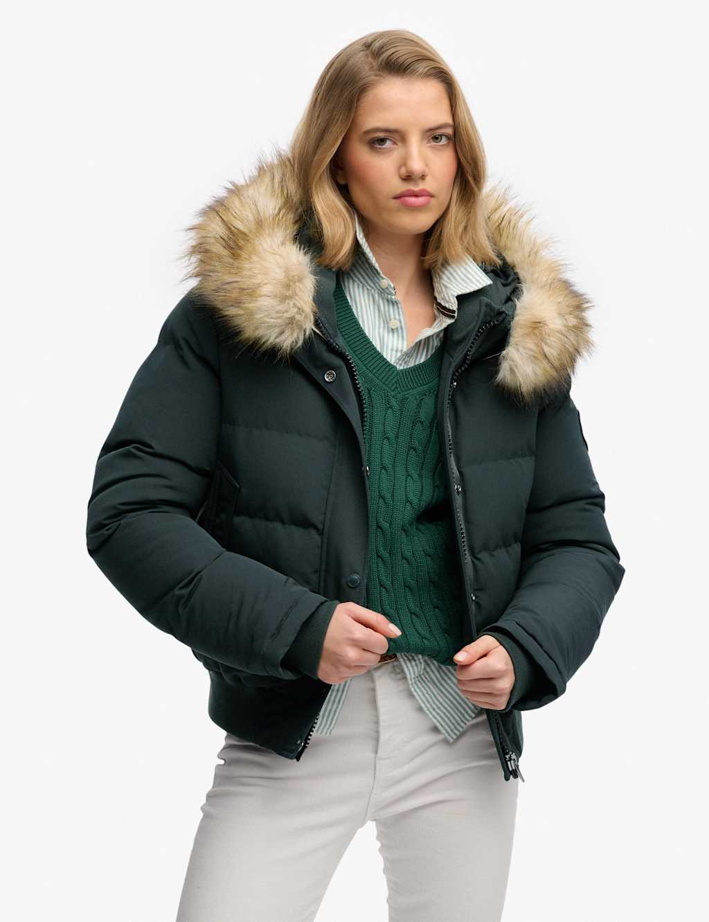 Superdry & Co Women's Faux Fur Trim Padded Hooded Bomber Jacket - 16 - Green - Available at M&S