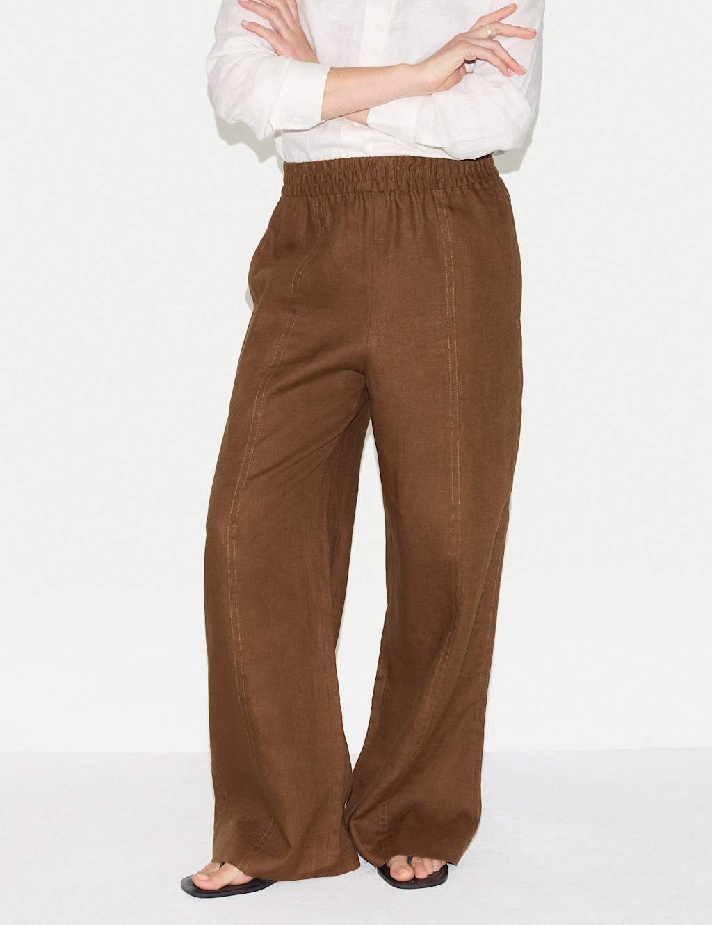 Jigsaw Women's Pure Linen Elasticated Waist Wide Leg Trousers - 10 - Brown - Available at M&S