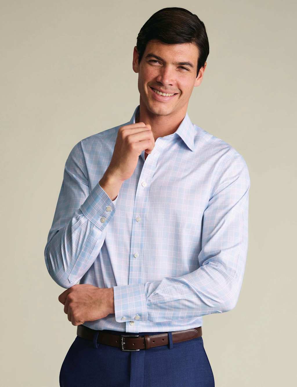 Charles Tyrwhitt Men's Slim Fit Non-Iron Pure Cotton Prince of Wales Shirt - 15½/35in - Light Blue Mix - Available at M&S