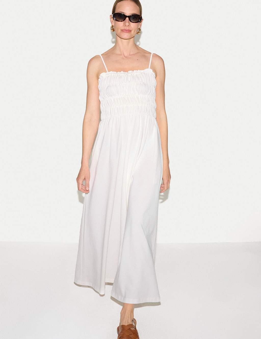 Jigsaw Women's Cotton Rich Pique Strappy Maxi Shirred Dress - Small - White - Available at M&S