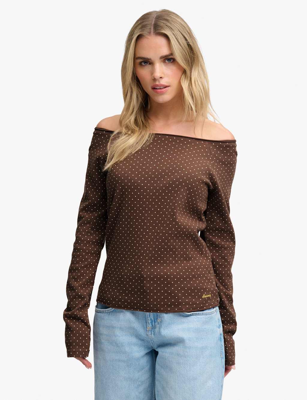 Superdry & Co Women's Pure Cotton Polka Dot Off The Shoulder Top - 14 - Brown Mix - Available at M&S