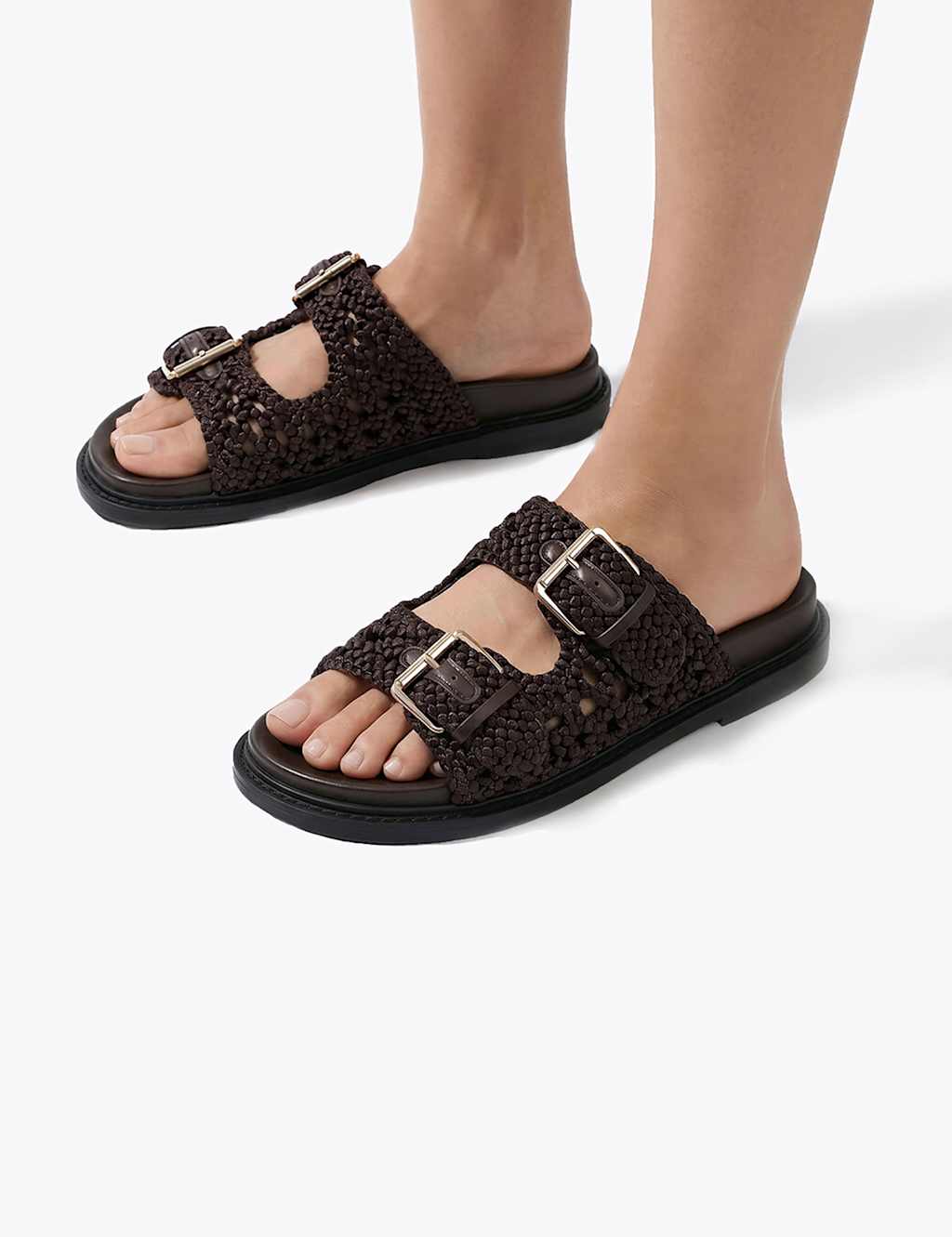 Kurt Geiger Women's Woven Buckle Flat Footbed Sliders - 3 - Dark Brown - Available at M&S