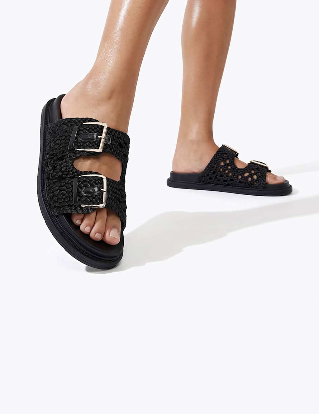 Kurt Geiger Women's Woven Buckle Flat Footbed Sliders - 4 - Black - Available at M&S