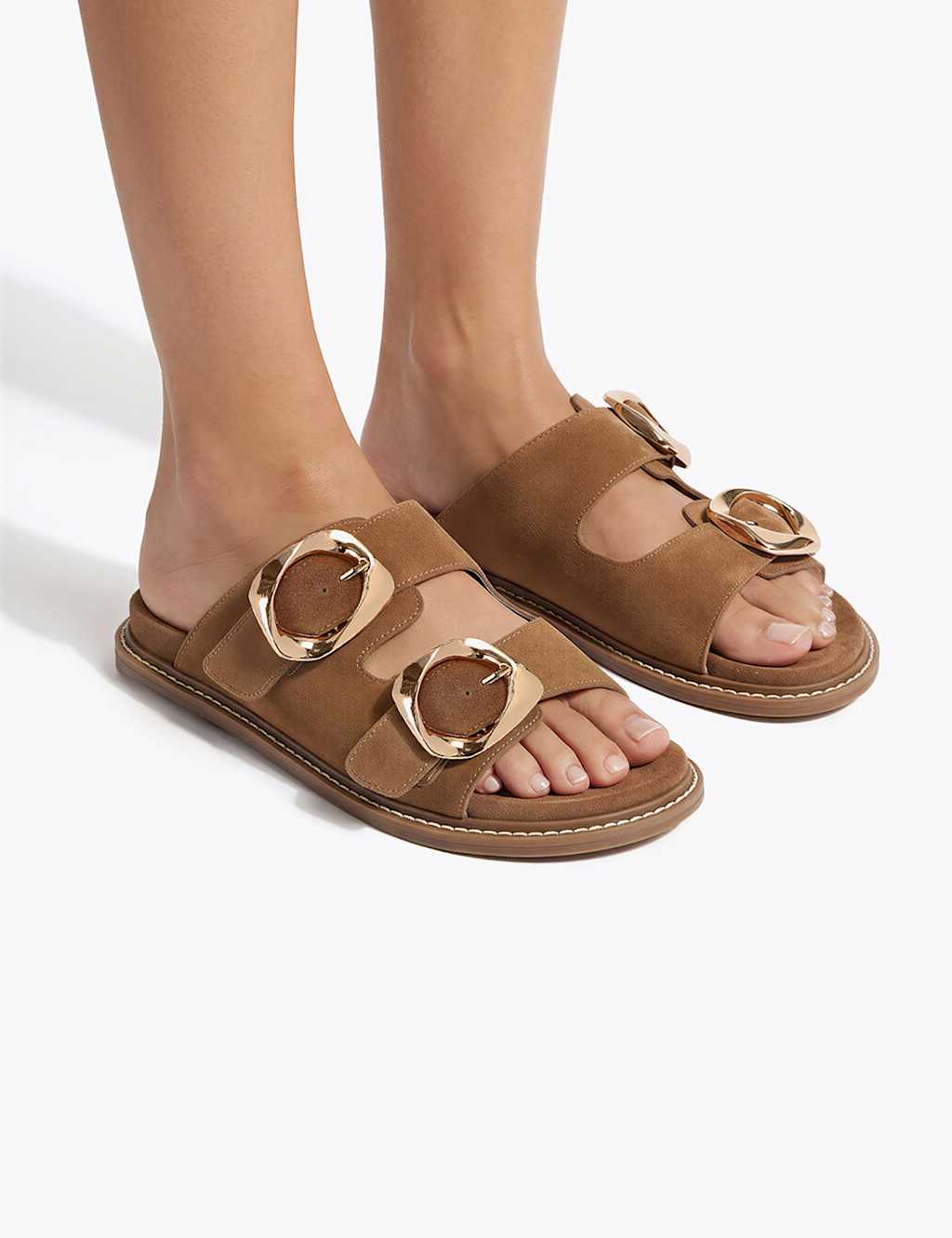 Kurt Geiger Women's Statement Buckle Flat Footbed Sliders - 4 - Camel - Available at M&S