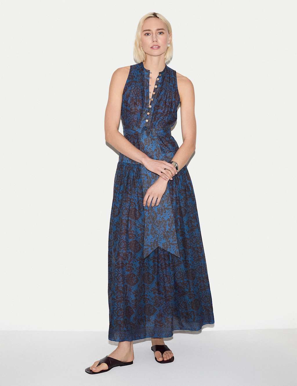 Jigsaw Women's Pure Cotton Floral Notch Neck Midaxi Dress - 14 - Blue Mix - Available at M&S