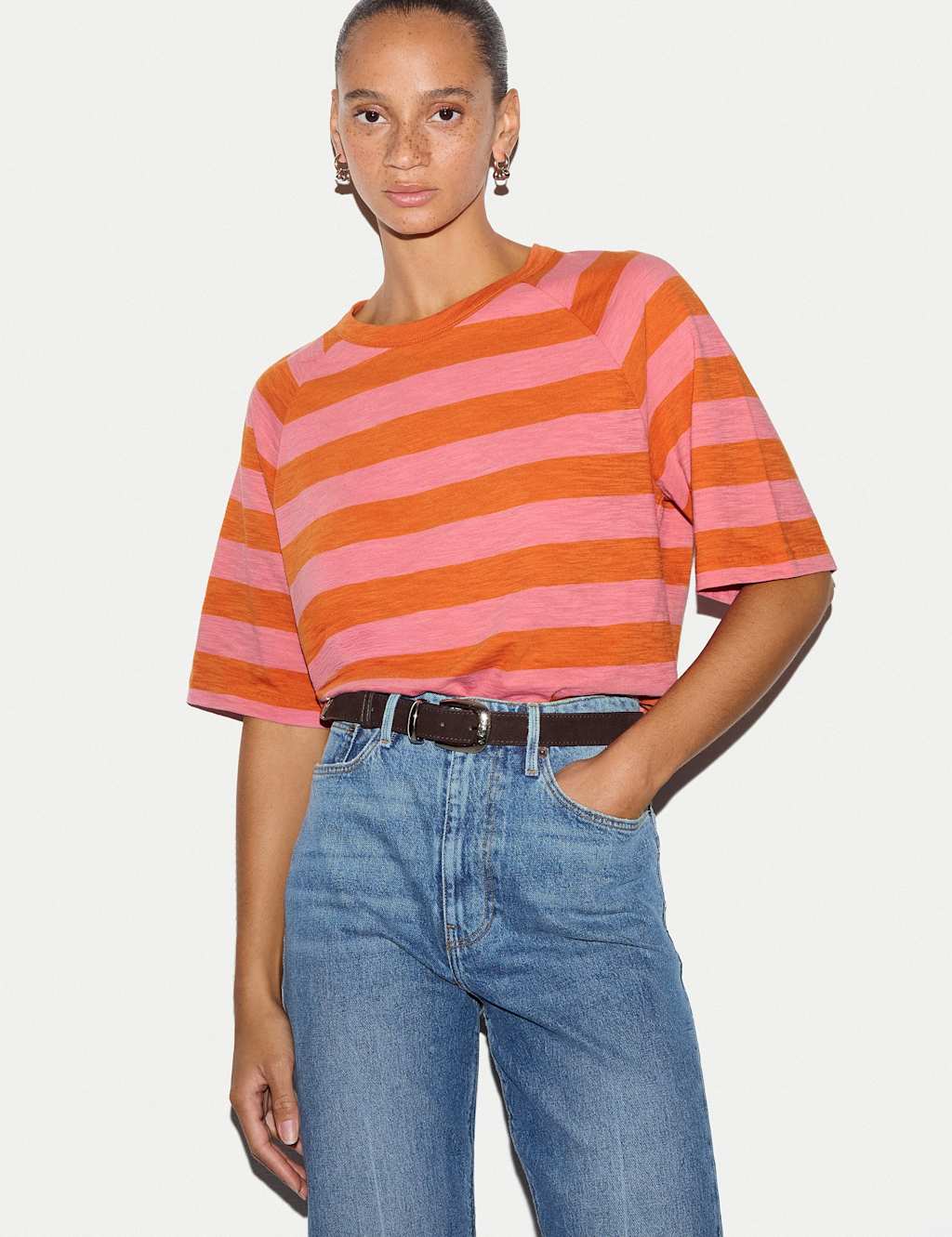 Jigsaw Women's Pure Cotton Slub Striped T-Shirt - Large - Pink - Available at M&S